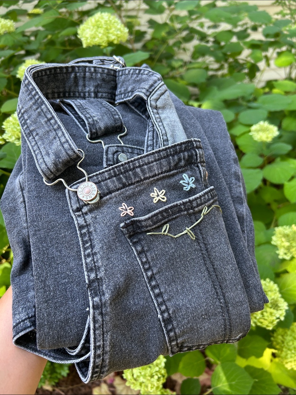 Black Washed Denim Overalls with Hand Embroidered Flowers